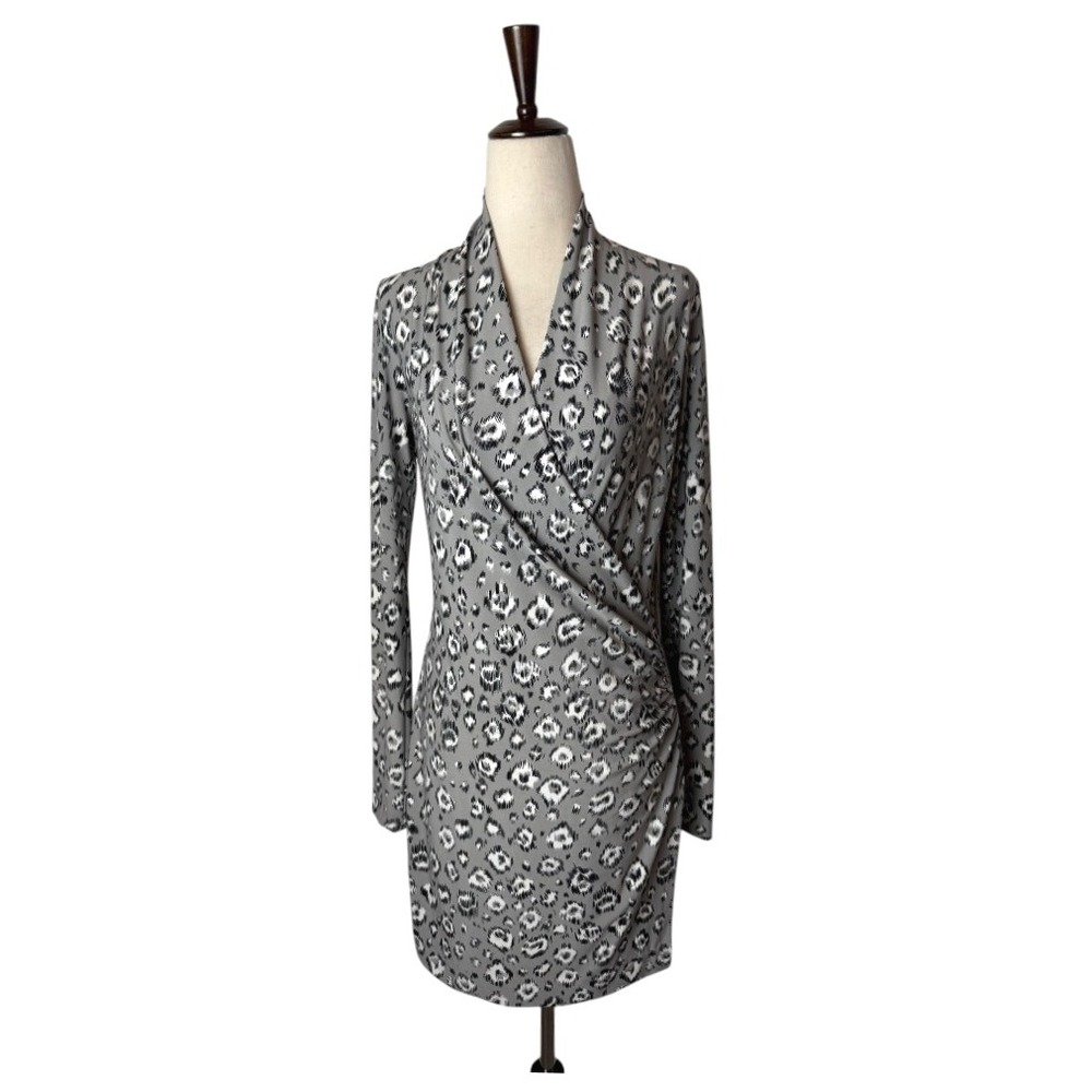 Norma Kamali‎ Dress Women Small Gray Black Leopard Print Faux Wrap Ruched Sheath